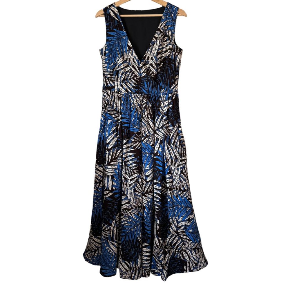 Tropical Palm Pattern Maxi Dress African Wax Print Sleeveless V Neck Pockets Sm